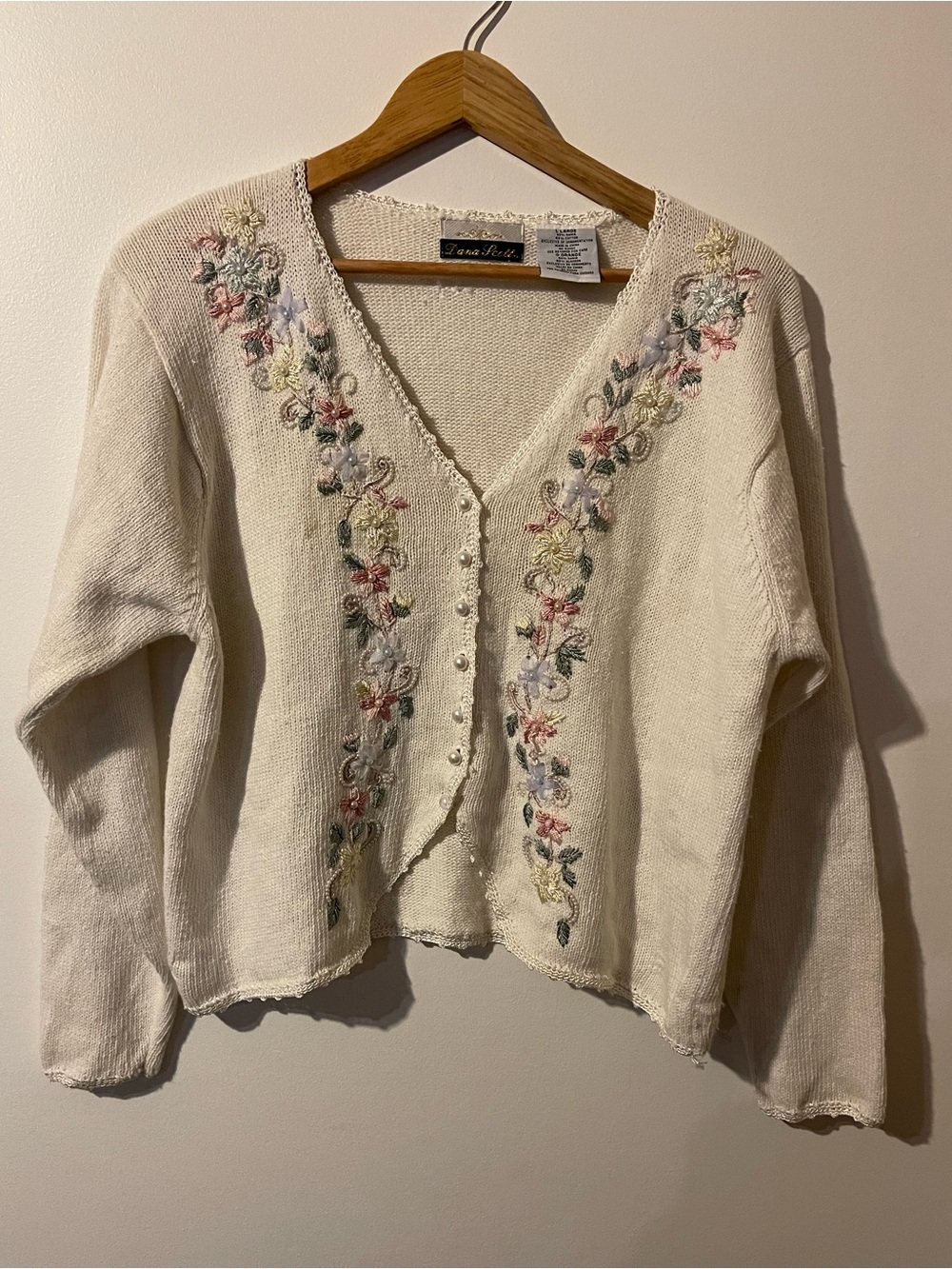 Dana Scott Floral Embroidered Beaded Cardigan Sweater Cream Pearl Button L